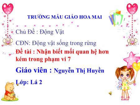 Bài giảng Mầm non Lớp Lá - Chủ đề: Động vật - Đề tài: Nhận biết mối quan hệ hơn kém trong phạm vi 7