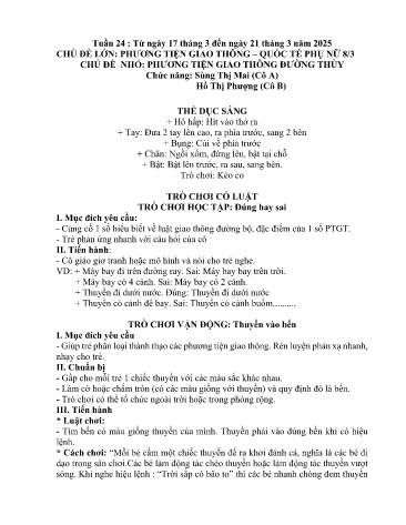 Giáo án Mầm non Lớp Chồi - Tuần 24 - Chủ đề lớn: Phương tiện giao thông - Quốc tế phụ nữ 8/3 - Chủ đề nhỏ: Phương tiện giao thông đường thủy - Năm học 2024-2025 - Sùng Thị Mai - Hồ Thị Phượng
