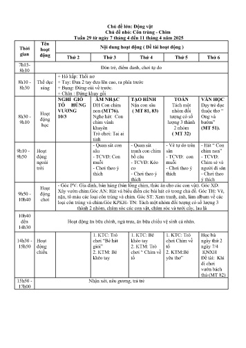 Giáo án Mầm non Lớp Lá - Chủ đề lớn: Động vật - Chủ đề nhỏ: Côn trùng - Chim - Năm học 2024-2025