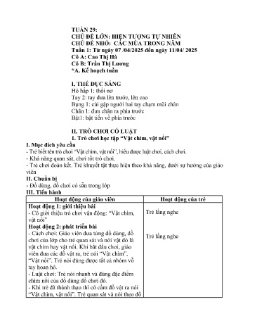 Giáo án Mầm non Lớp Lá - Tuần 29 - Năm học 2024-2025 - Cao Thị Hà - Trần Thị Lương