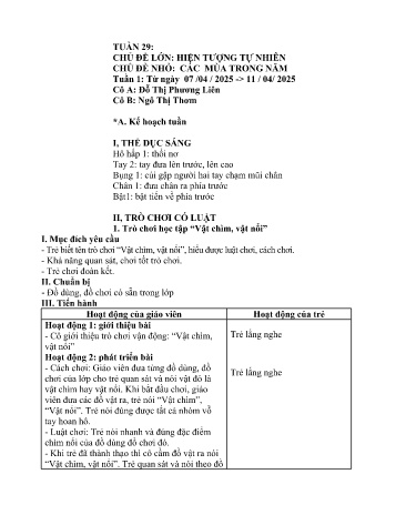 Giáo án Mầm non Lớp Lá - Tuần 29 - Năm học 2024-2025 - Ngô Thị Thơm - Đỗ Thị Phương Liên