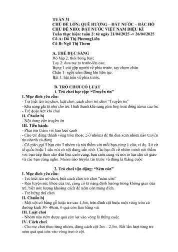 Giáo án Mầm non Lớp Lá - Tuần 31 - Năm học 2024-2025 - Ngô Thị Thơm - Đỗ Thị Phương Liên
