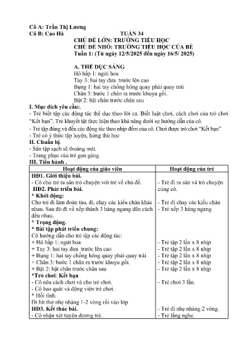 Giáo án Mầm non Lớp Lá - Tuần 34 - Năm học 2024-2025 - Trần Thị Lương - Cao Thị Hà