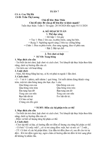 Giáo án Mầm non Lớp Lá - Tuần 7 - Năm học 2024-2025 - Cao Thị Hà - Trần Thị Lương