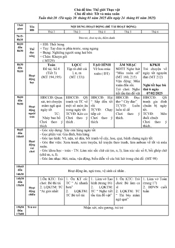 Giáo án Mầm non Lớp Mầm - Tuần 20 - Chủ đề lớn: Thế giới Thực vật - Chủ đề nhỏ: Tết và mùa xuân - Năm học 2024-2025