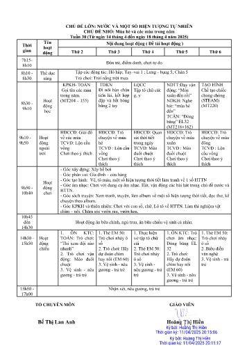 Kế hoạch bài giảng Mầm non Lớp Chồi - Tuần 30 - Chủ đề lớn : Nước và một số hiện tượng tự nhiên - Chủ đề nhỏ : Mùa hè và các mùa trong năm - Năm học 2024-2025
