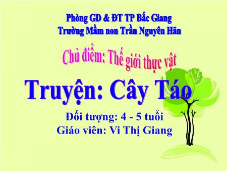 Bài giảng Mầm non Lớp Chồi - Chủ điểm: Thế giới thực vật - Đề tài: Truyện Cây táo (GV: Vi Thị Giang - Trường MN Trần Nguyên Hãn)
