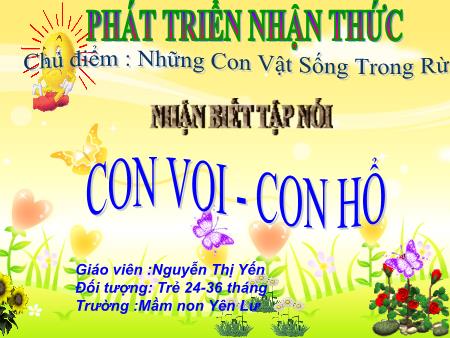 Bài giảng Mầm non Lớp Nhà trẻ - Hoạt động: Phát triển nhận thức - Đề tài: Nhận biết tập nói Con voi - Con hổ (GV: Nguyễn Thị Yến - Trường MN Yên Lư)