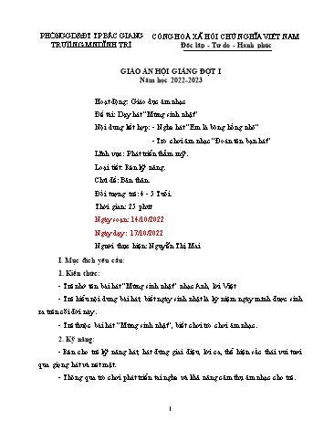 Giáo án Mầm non Lớp Chồi - Hoạt động Giáo dục Âm nhạc - Đề tài: Dạy hát Mừng sinh nhật (GV: Nguyễn Thị Mai - Trường MN Dĩnh Trì)