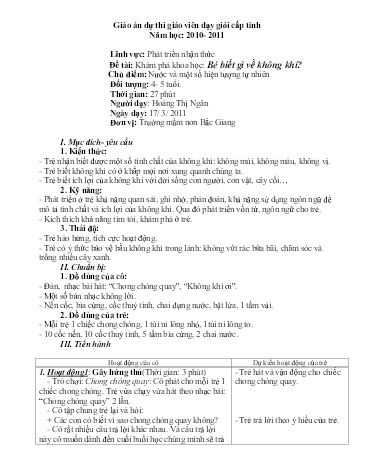 Giáo án Mầm non Lớp Chồi - Hoạt động: Khám phá Khoa học - Đề tài: Bé biết gì về không khí? (GV: Hoàng Thị Ngân - Trường MN Trần Nguyên Hãn)