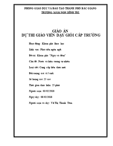 Giáo án Mầm non Lớp Chồi - Hoạt động: Khám phá khoa học - Đề tài: Khám phá ngày và đêm (GV: Vũ Thị Thanh Tâm - Trường MN Dĩnh Trì)