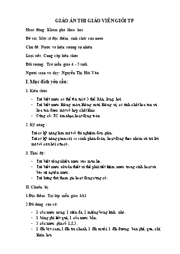 Giáo án Mầm non Lớp Chồi - Hoạt động: Khám phá Khoa học - Đề tài: Một số đặc điểm, tính chất của nước (GV: Nguyễn Thị Hải Vân - Trường MN Dĩnh Trì)
