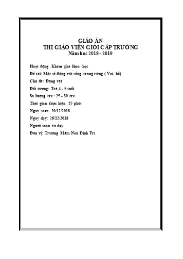 Giáo án Mầm non Lớp Chồi - Hoạt động: Khám phá khoa học - Đề tài: Một số động vật sống trong rừng (Voi, hổ)