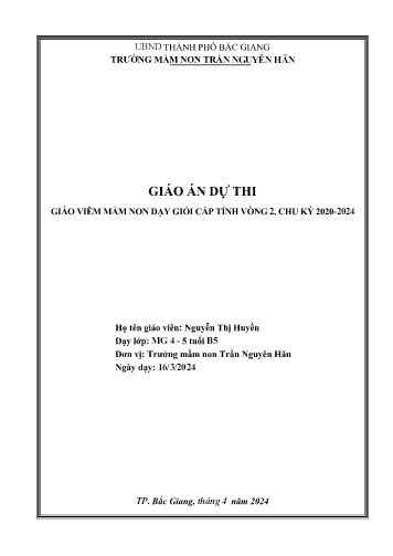Giáo án Mầm non Lớp Chồi - Hoạt động: Làm quen với toán - Đề tài: Tách, gộp nhóm 5 đối tượng thành 2 phần bằng nhiều cách khác nhau (GV: Nguyễn Thị Huyền - Trường MN Trần Nguyên Hãn)