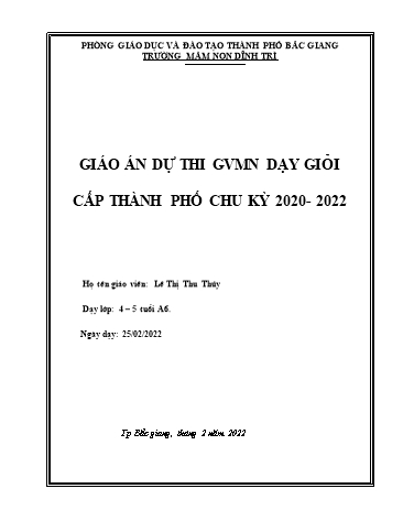 Giáo án Mầm non Lớp Chồi - Hoạt động Làm quen với Toán - Đề tài: Dạy trẻ sắp xếp 3 đối tượng theo quy tắc 1.1.1 (GV: Lê Thị Thu Thủy - Trường MN Dĩnh Trì)