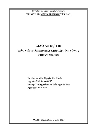 Giáo án Mầm non Lớp Chồi - Hoạt động: Làm quen với toán - Đề tài: So sánh, phát hiện ra quy tắc sắp xếp và sắp xếp theo quy tắc (GV: Nguyễn Thị Huyền - Trường MN Trần Nguyên Hãn)