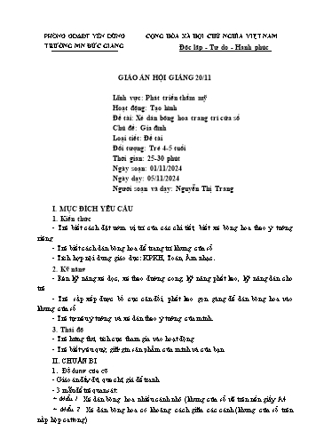Giáo án Mầm non Lớp Chồi - Hoạt động: Tạo hình - Đề tài: Xé dán bông hoa trang trí cửa sổ (GV: Nguyễn Thị Trang - Trường MN Đức Giang)