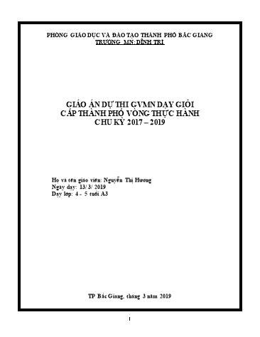 Giáo án Mầm non Lớp Chồi - Hoạt động: Thể dục - Đề tài: Bật qua vật cản (GV: Nguyễn Thị Hương - Trường MN Dĩnh Trì)