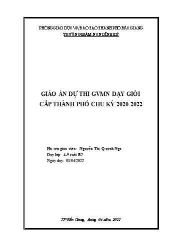 Giáo án Mầm non Lớp Chồi - Lĩnh vực: Phát triển nhận thức - Đề tài: Đếm đến 5, nhận biết số lượng trong phạm vi 5, nhận biết số 5 (GV: Nguyễn Thị Quỳnh Nga - Trường MN Dĩnh Kế)