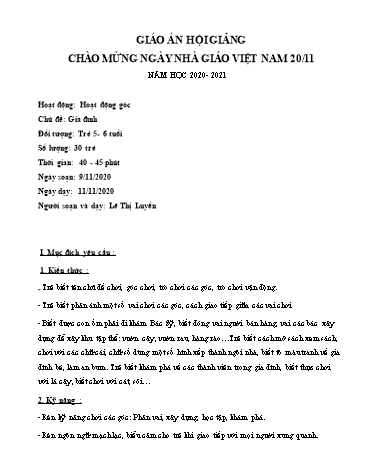 Giáo án Mầm non Lớp Lá - Hoạt động: Hoạt động góc - Đề tài: Chào mừng ngày nhà giáo Việt Nam 20/11 (GV: Lê Thị Luyến - Trường MN Dĩnh Trì)