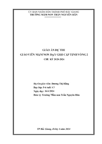 Giáo án Mầm non Lớp Lá - Hoạt động: Khám phá Khoa học - Đề tài: Tìm hiểu về ngày và đêm (GV: Dương Thị Hằng - Trường MN Trần Nguyên Hãn)