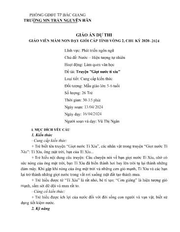 Giáo án Mầm non Lớp Lá - Hoạt động: Làm quen văn học - Đề tài: Truyện Giọt nước tí xíu (GV: Vũ Thị Ngân - Trường MN Trần Nguyên Hãn)