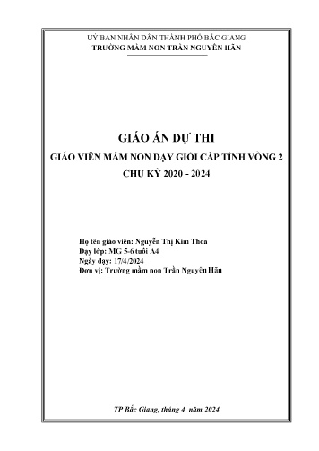 Giáo án Mầm non Lớp Lá - Hoạt động: Làm quen với toán - Đề tài: Đếm và nhận biết nhóm đối tượng có số lượng 10, nhận biết chữ số 10 (GV: Nguyễn Thị Kim Thoa - Trường MN Trần Nguyên Hãn)