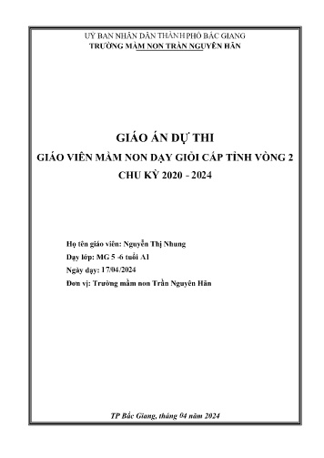Giáo án Mầm non Lớp Lá - Hoạt động: Phát triển vận động - Đề tài: Bật xa 40- 50cm (GV: Nguyễn Thị Nhung - Trường MN Trần Nguyên Hãn)