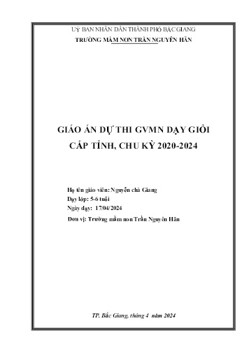 Giáo án Mầm non Lớp Lá - Hoạt động: Thể dục - Đề tài: Bật xa 40-50 cm (GV: Nguyễn Chà Giang - Trường MN Trần Nguyên Hãn)