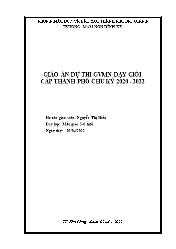 Giáo án Mầm non Lớp Lá - Lĩnh vực: Phát triển nhận thức - Đề tài: Đếm đến 9, nhận biết nhóm đối tượng có số lượng là 9. Nhận biết số 9 (GV: Nguyễn Thị Hiền - Trường MN Dĩnh Kế)