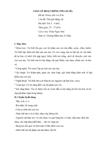 Giáo án Mầm non Lớp Mầm - Chủ đề: Thế giới động vật - Đề tài: Khám phá con Rùa (GV: Triệu Ngọc Mai - Trường MN Tư Mại)