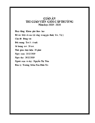 Giáo án Mầm non Lớp Mầm - Hoạt động: Khám phá khoa học - Đề tài: Một số con vật sống trong gia đình (Gà, vịt) (GV: Nguyễn Thị Tấm - Trường MN Dĩnh Trì)