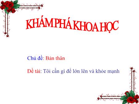 Giáo án Mầm non Lớp Mầm - Hoạt động: Khám phá khoa học - Đề tài: Tôi cần gì để lớn lên và khỏe mạnh