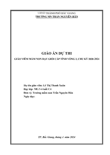 Giáo án Mầm non Lớp Mầm - Hoạt động: Tạo hình - Đề tài: Nặn cột đèn giao thông (GV: Lê Thị Thanh Xuân - Trường MN Trần Nguyên Hãn)