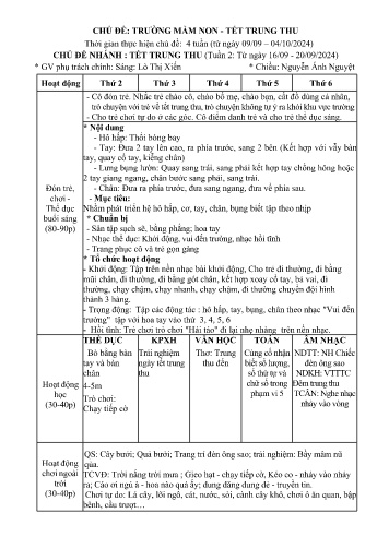 Kế hoạch bài dạy Mầm non Lớp Lá - Chủ đề: Trường mầm non. Tết trung thu - Tuần 2. Chủ đề nhánh: Tết trung thu (GV: Lò Thị Xiến - Trường MN Xã Noong Luống - Năm học 2024-2025)