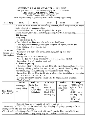 Kế hoạch bài dạy Mầm non Lớp Mầm - Chủ đề: Thế giới thực vật. Tết và mùa xuân - Tuần 20. Chủ đề nhánh: Một số loại rau (GV: Nguyễn Thị Hoa - Trường MN Xã Noong Luống - Năm học 2024-2025)