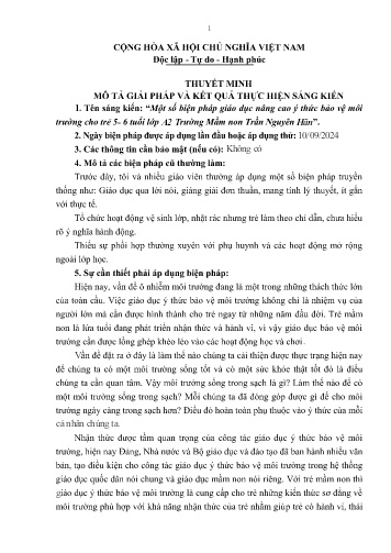SKKN Một số biện pháp giáo dục nâng cao ý thức bảo vệ môi trường cho trẻ 5- 6 tuổi lớp A2 Trường Mầm non Trần Nguyên Hãn (GV: Nguyễn Thị Hường)